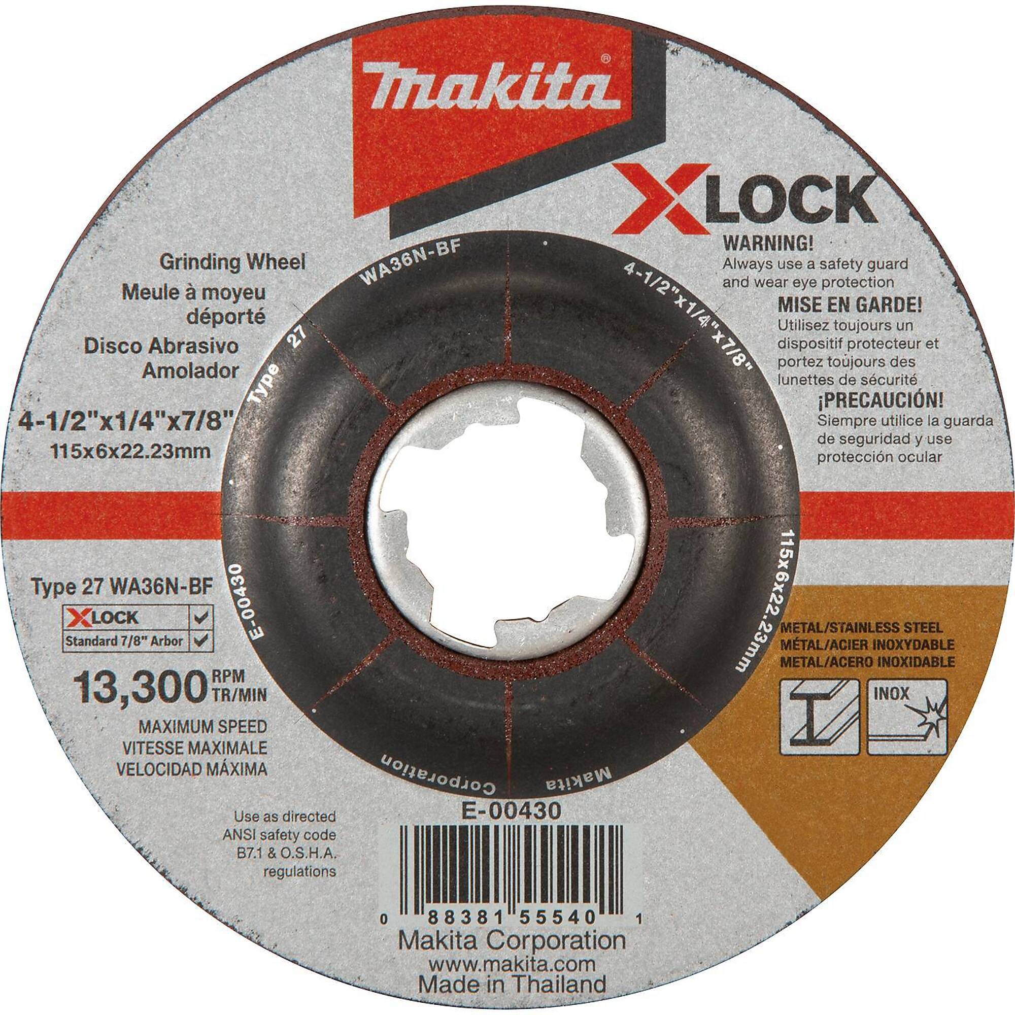 Makita® X-Lock 4-1/2" X 1/4" X 7/8" Metal & Stainless Grinding Wheel, 36 Grit, Model# E-00430